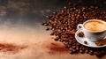 A cup of cappuccino with foam stands on a table with coffee beans. Cinnamon sticks on a saucer. Top view. AI generated Royalty Free Stock Photo