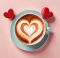 Cup of cappuccino with heart shape on background.