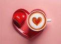 Cup of cappuccino with heart shape on background.