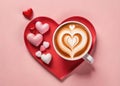 Cup of cappuccino with heart shape on background.