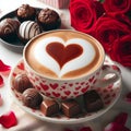 Cup of cappuccino with heart shape and chocolate candies Royalty Free Stock Photo