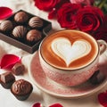 Cup of cappuccino with heart shape and chocolate candies Royalty Free Stock Photo