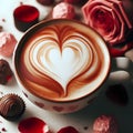Cup of cappuccino with heart shape and chocolate candies Royalty Free Stock Photo