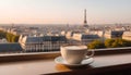 A cup of cappuccino latte coffee with a view of the Eiffel Tower in Paris in spring Royalty Free Stock Photo