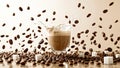 Cappuccino Latte Cup with Falling Coffee Beans Royalty Free Stock Photo