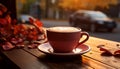 Cup of cappuccino on saucer. Fragrant coffee on a wooden table outdoors in autumn Royalty Free Stock Photo