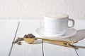 cup of cappuccino on a wooden table, enjoying the good moment, simple pleasures, slow life, digital detox, me time, Royalty Free Stock Photo