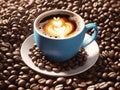 Cup of capuccino coffee on a bed of roasted whole coffee beans. Top view photo. Food background with copy space Royalty Free Stock Photo