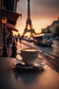 Cup of capuccino coffee on the cafe table in Paris, Eiffel tower on sunset background. Generative AI