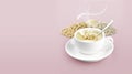 Cup of cereal on color background solid Royalty Free Stock Photo
