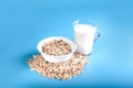 A cup of cereal and a glass of milk. A healthy breakfast. Royalty Free Stock Photo