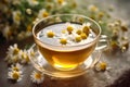 A cup of chamomile tea with a teabag and chamomile flowers floating on the surface, representing relaxation, wellness, and herbal