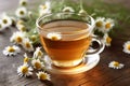 A cup of chamomile tea with a teabag and chamomile flowers floating on the surface, representing relaxation, wellness, and herbal