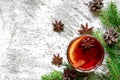 Cup of christmas hot mulled wine with cinnamon, anise and fir tree branches Royalty Free Stock Photo