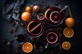 Cup of christmas mulled wine or gluhwein with spices and orange slices . Generative AI