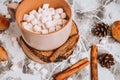 A cup of Christmas New Year delicious hot chocolate and cocoa with marshmallows sprinkled with cocoa powder, cones and croissants Royalty Free Stock Photo