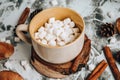 A cup of Christmas New Year delicious hot chocolate and cocoa with marshmallows sprinkled with cocoa powder, cones and croissants Royalty Free Stock Photo