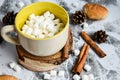 A cup of Christmas New Year delicious hot chocolate and cocoa with marshmallows sprinkled with cocoa powder, cones and croissants Royalty Free Stock Photo