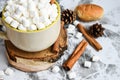 A cup of Christmas New Year delicious hot chocolate and cocoa with marshmallows sprinkled with cocoa powder, cones and croissants Royalty Free Stock Photo