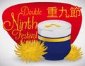 Cup with Chrysanthemum Liqueur to Celebrate Double Ninth Festival, Vector Illustration