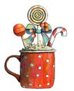 Cup with cocoa, coffee or tea with christmas decor - candies, lollipop, bow and berries.