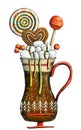 Cup with cocoa, coffee or tea with christmas decor - candies, lollipop, gingerbread and berries.