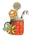 Cup with cocoa, coffee or tea with christmas decor - candies, lollipop, poinsettia and berries.