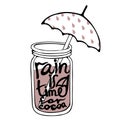 A cup of cocoa with the inscription `rain is the time for cocoa` and an umbrella.