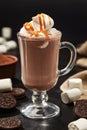 Cup of cocoa with marshmallows and caramel topping