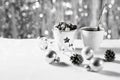 A cup of cocoa with marshmallows and corn balls in the New Year Royalty Free Stock Photo