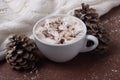 Cup of cocoa with marshmallows, white sweater, pine cones and snow on brown background. Autumn and winter concept.