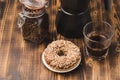 Cup of cofee with cofee beans and black maker. Top view. Royalty Free Stock Photo