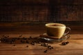 Cup of coffe Cappuccino with milk on a dark background. Hot coffe ,latte or Cappuccino prepared with milk on a wooden table with