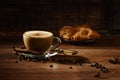 Cup of coffe Cappuccino with milk on a dark background. Hot coffe ,latte or Cappuccino prepared with milk on a wooden table with