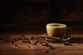 Cup of coffe Cappuccino with milk on a dark background. Hot coffe ,latte or Cappuccino prepared with milk on a wooden table with