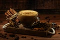 Cup of coffe Cappuccino with milk on a dark background. Hot coffe ,latte or Cappuccino prepared with milk on a wooden table with