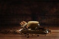 Cup of coffe Cappuccino with milk on a dark background. Hot coffe ,latte or Cappuccino prepared with milk on a wooden table with