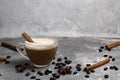 cup of coffe, cinnamon sticks, coffee bean Royalty Free Stock Photo