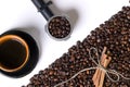 Cup of coffe, grains of coffee and cinnamon on a white background Royalty Free Stock Photo