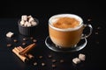 Cup of coffe with milk on a dark background. Hot latte or Cappuccino prepared with milk on a black wooden table