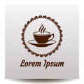 Cup of coffe with saurce, frame of coffee beans and flavour vector icon.