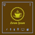 Cup of coffe with saurce, frame of coffee beans and flavour vector icon.