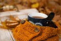 Cup or coffe with scarf and cockies on wooden table Royalty Free Stock Photo
