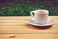 Cup of coffe on wooden table in garden Royalty Free Stock Photo