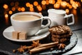 A cup of coffee against the backdrop of the Christmas background. Cookies, spices. Royalty Free Stock Photo