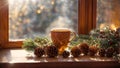 cup of coffee against the background of a winter window mug home comfort composition