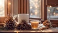 cup of coffee against the background of a winter window mug