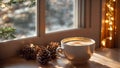 cup of coffee against the background of a winter window mug home comfort