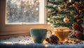 cup of coffee against the background of a winter window mug home