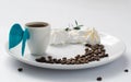 Cup coffee angel wings meringue beans plate white blossom espresso morning breakfast light